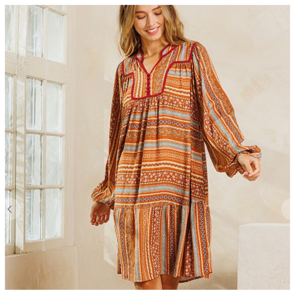 40 Fabulous Boho Printed caftan Style Long Balloon Sleeve Midi Dress